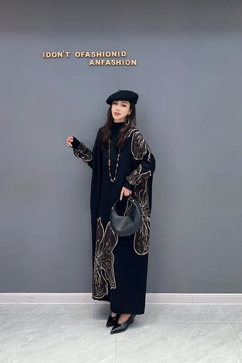 2024 Autumn New Elegant Contrast Color Knitting Loose Long Dress Women Fashion Long Sleeve Dress Wholesale J549