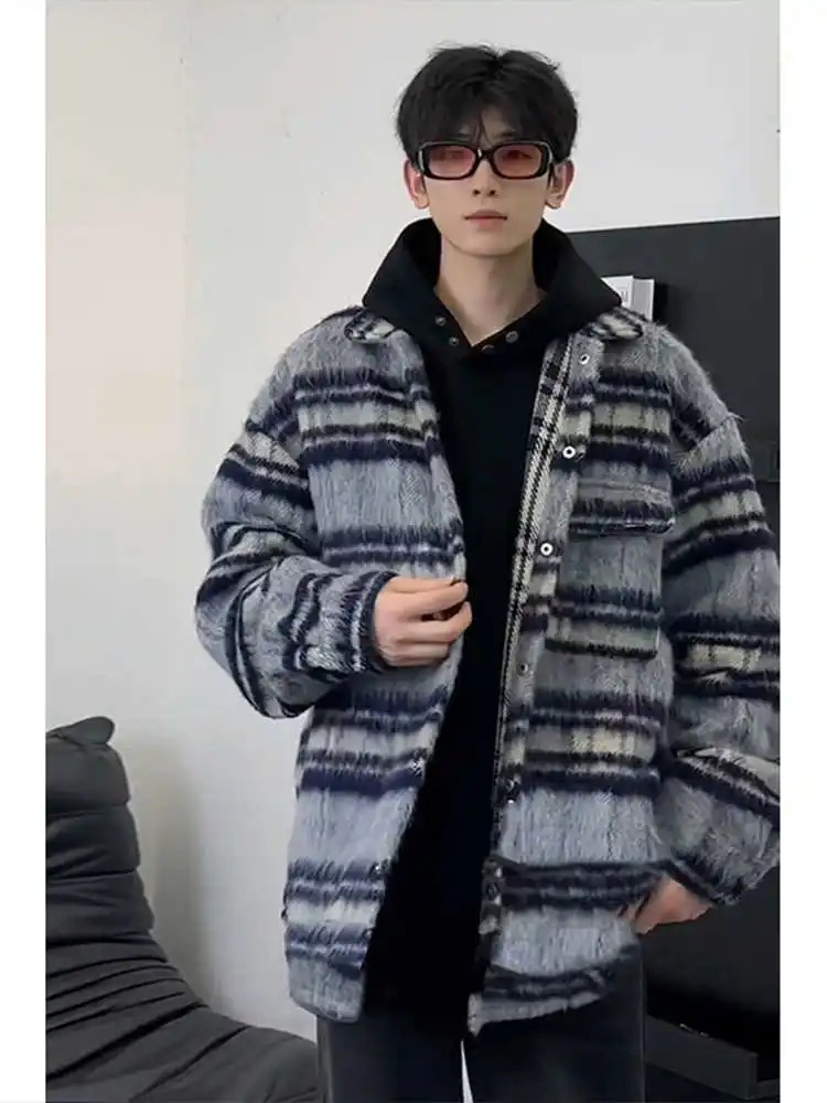 

Premium Flannel Plaid Jaet Men's ort Sle Autumn Winter Outwear Youth Trendy Windproof Large Button Closure Couple's Coat