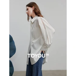 TOYOUTH Women Blouse Shirt 2025 Spring New Lyocell Cotton Hollow Lace White Shirt