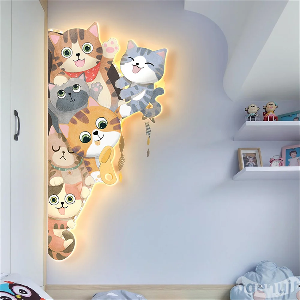 Corner Cat Painting Room Girl Mural Led Wall Lamp Children\'S Room Decoration Indoor House Corridor Sconces Living Room Lights