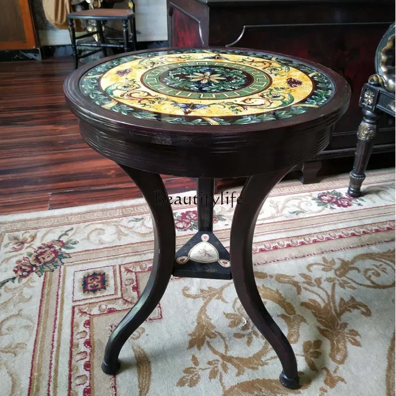 American round table light luxury neoclassical painted glass edge table European living room round small coffee table