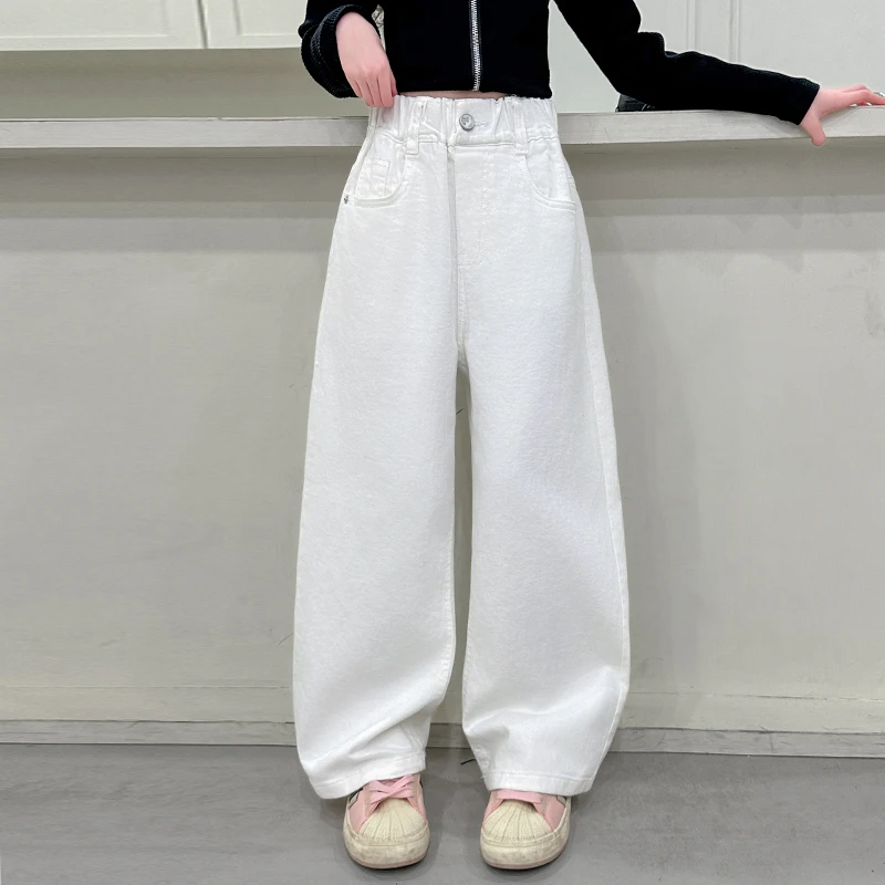 Children Vintage White Straight Jeans With Bows For Girl SpringAutumn Slim Loose Denim Pants Kids Teenager Casual Jeans Trousers