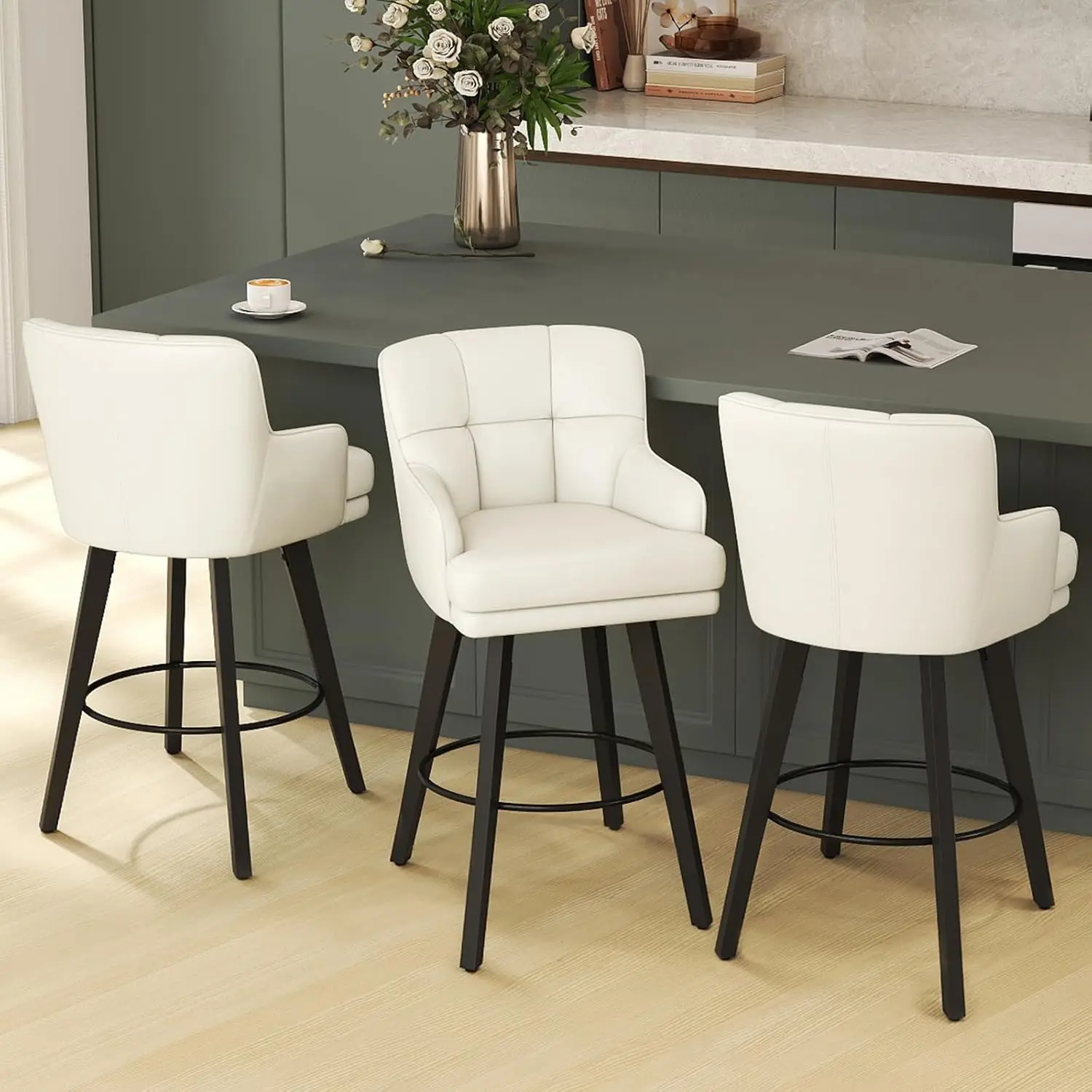 

360 ° Вращающиеся барные стулья с высокой спинкой, 30-дюймовые ножки из массива дерева, современные стулья для кухонного острова, искусственная кожа