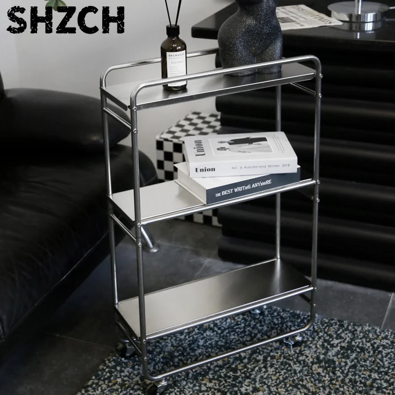 Stainless Steel Mobile Trolley Living Room Storage Rack with Wheels Island Dining Car Multi-layer Metal Storage Movable Rack