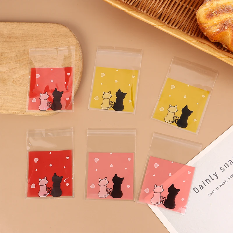 100Pcs Mini Cartoon Cookie Bags Baking Snack Self-Adhesive Bags Couple Cats Biscuits Candy Jewelry Gift Packaging Plastic Bag