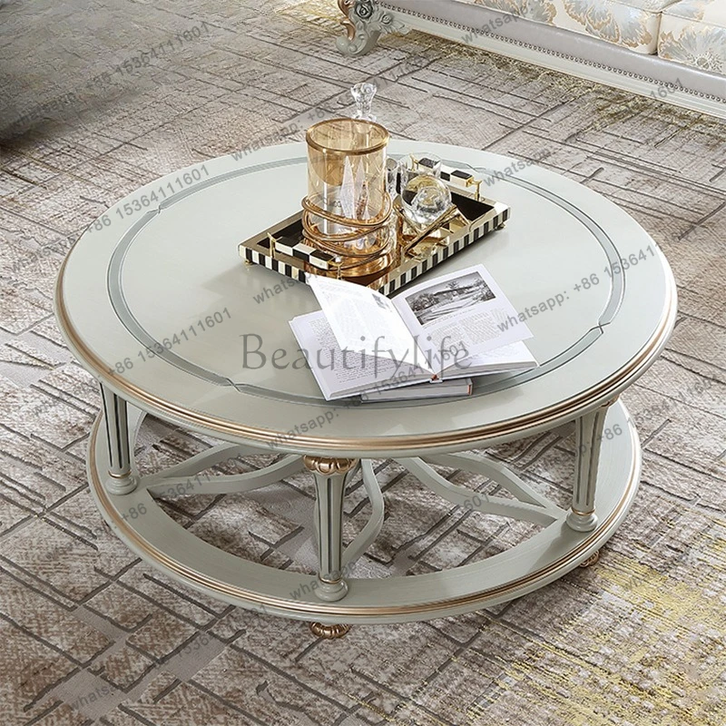 

French light luxury round coffee table living room European carved solid wood sofa coffee table