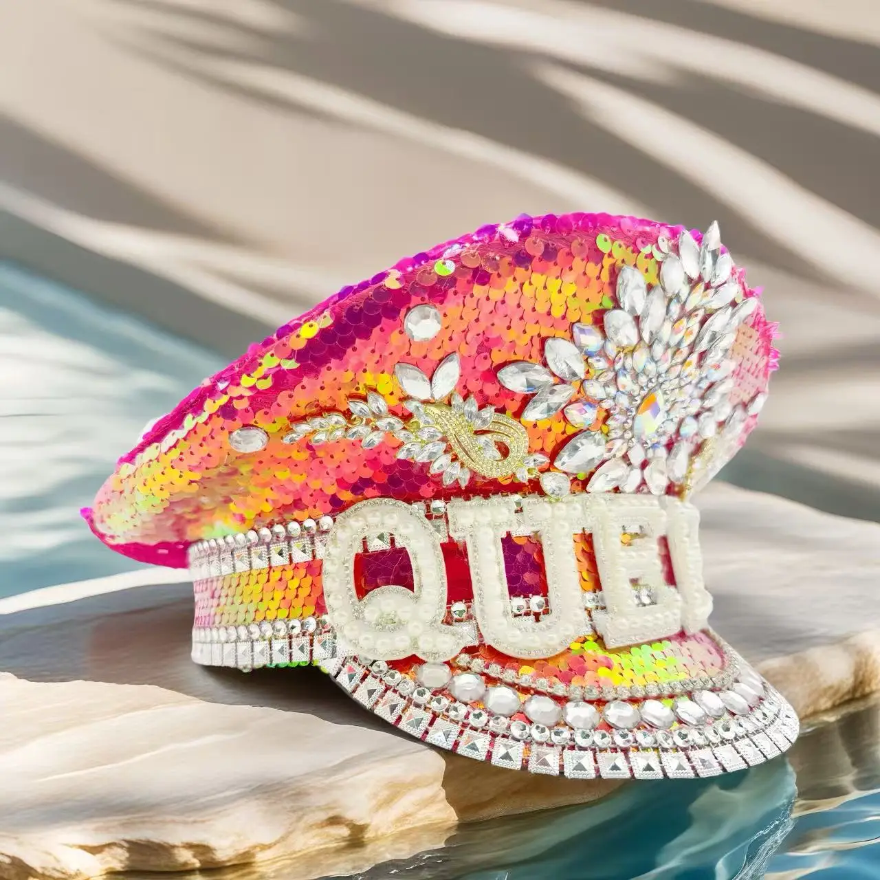 HongLuan Yellow Laser Leather Loop Captain Hat Rhinestone & Military Caps for Woman, Rave Festivals Accessories ＆ Party Cap Man