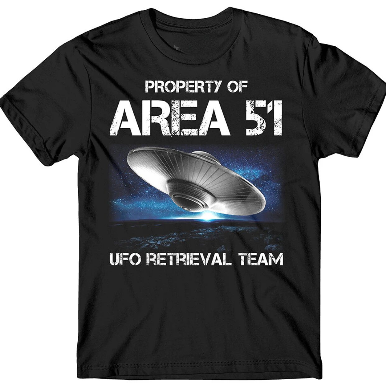 

Property of Area 51. UFO Retrieval Team Alien Spaceship T Shirt. Short Sleeve 100% Cotton Casual T-shirts Loose Top Size S-3XL