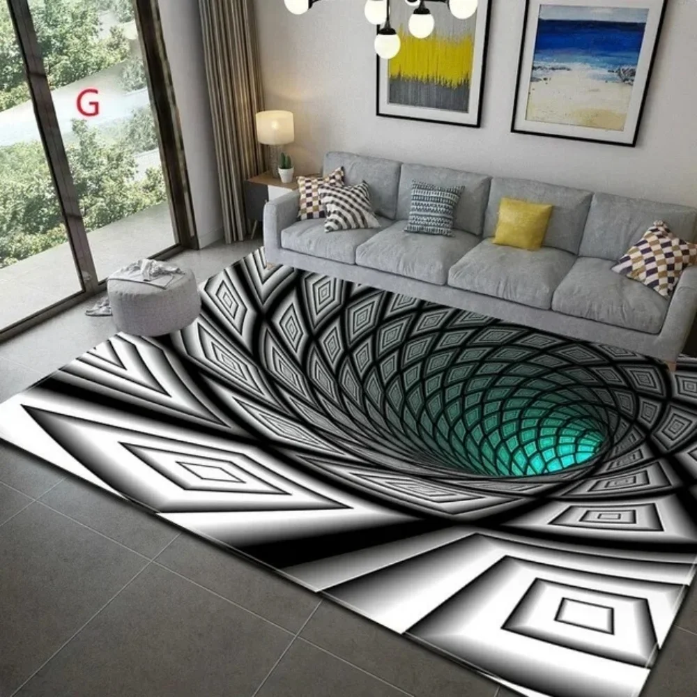 3D Geometric Vortex Spiral Area Rug Black White Grey Non Slip Soft Floor Mat for Living Room Bedroom Tech Inspired Interiors