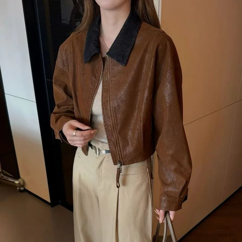 A High-end Retro Color-blocking Flocked Leather Jacket for Women New Autumn Fashion Versatile Top for Petite Women Simple Jacket