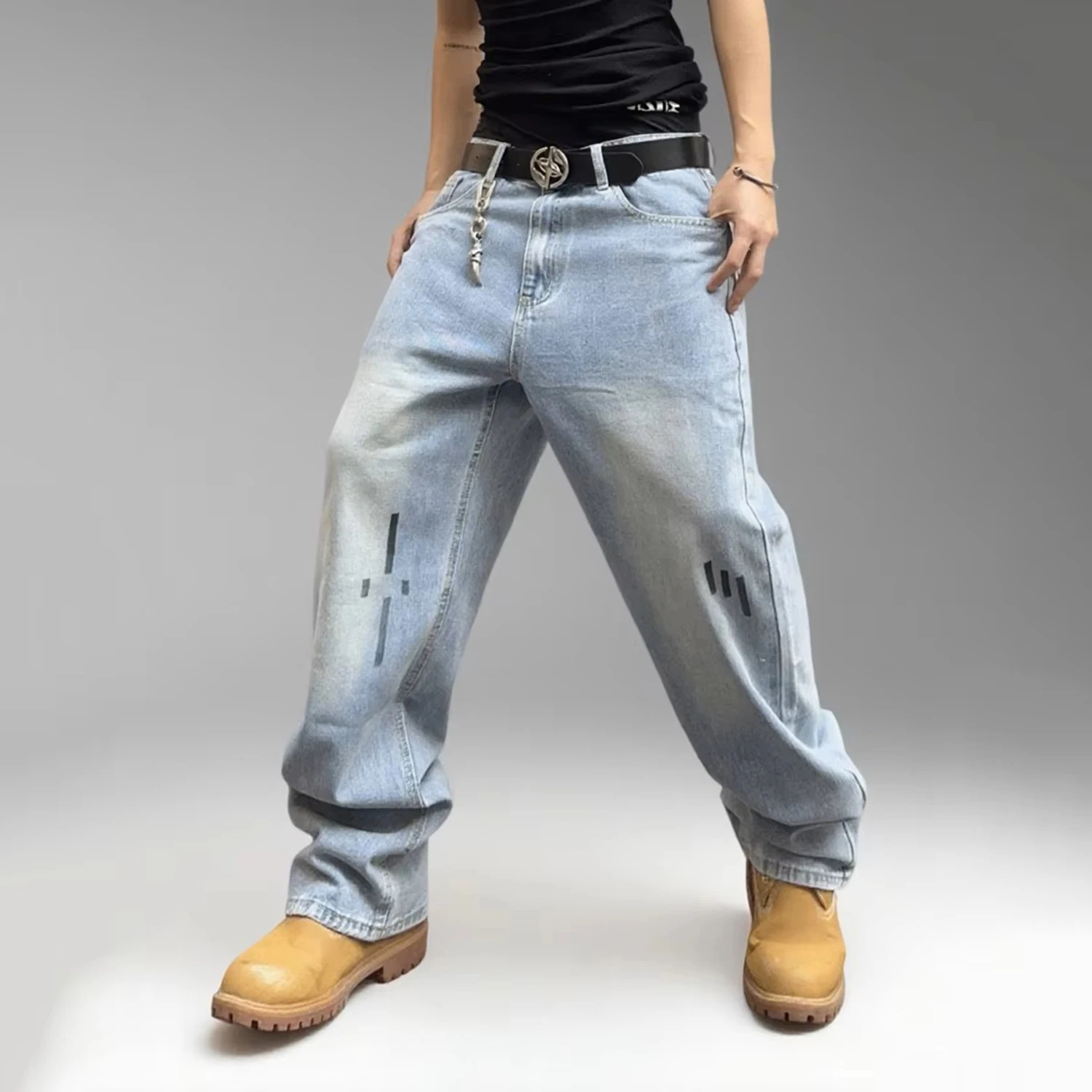 

Autumn Men's Light Blue Loose Casual Jeans Summer Washed Stripes Straight Denim Pants Fit for American High Street Style 2025