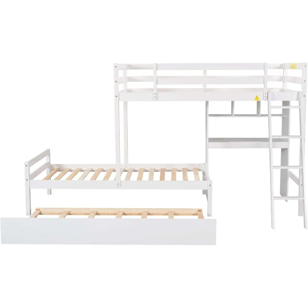 Twin Over Twin Bunk Bed, with Convertible Built-in Desk and Down Bed, No Box Spring Required, Loft Bed with Trundle and Ladder