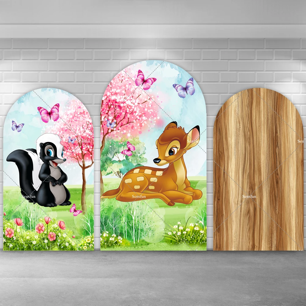 Cartoon Deer Bambi Chiara Arch Backdrop Pink Tree Green Grassland Butterfly Squirrel Girls Birthday Arched Wall Wood Backgrounds