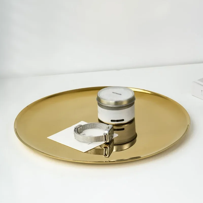 Luxury Electroplated Stainless Steel Round Tray,Multipurpose Tea Fruit Serving Plate,Metal Organizer for Room Kitchen Home Decor