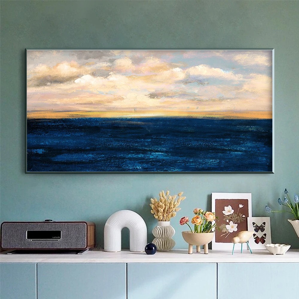 Luxury Oil Painting Dark Blue Sea and Golden Sky Pictures Poster and Prints Modern Home Decoration Wall Art for Living Bedroom