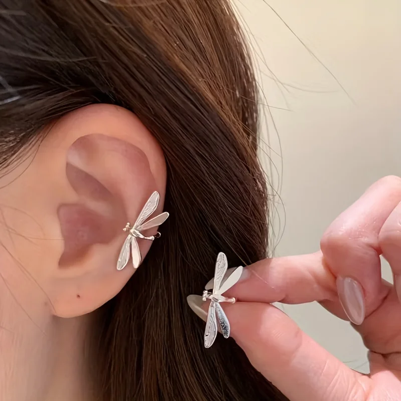 Statement Silver Color Dragonfly Clip Earrings No Piercing Ear Cuff Fairy Insect Ear Wrap Aesthetic Party Festival Accessories for Women image 4