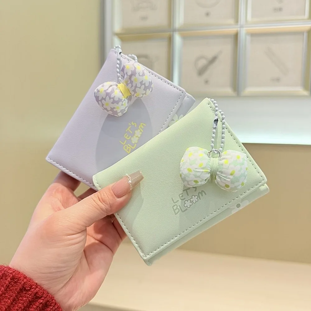 

Versatile Portable Candy Color Wallet Pouch PVC Short Leather Purse Anti-splash Water with Bow Pendant Three Fold Card Bag Girls
