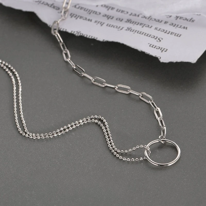 Personality 925 Sterling Silver Asymmetrical Chain Circle Pendant Necklace for Woman Designer Jewelry Accessories Colorfast Gift