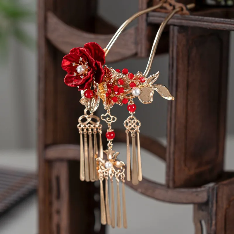 Ancient Chinese Style Rosewood Floral Hairpin for Qipao Daily Updo Bun Minimalist U Shaped Hair Accessory Elegant Gift for Women
