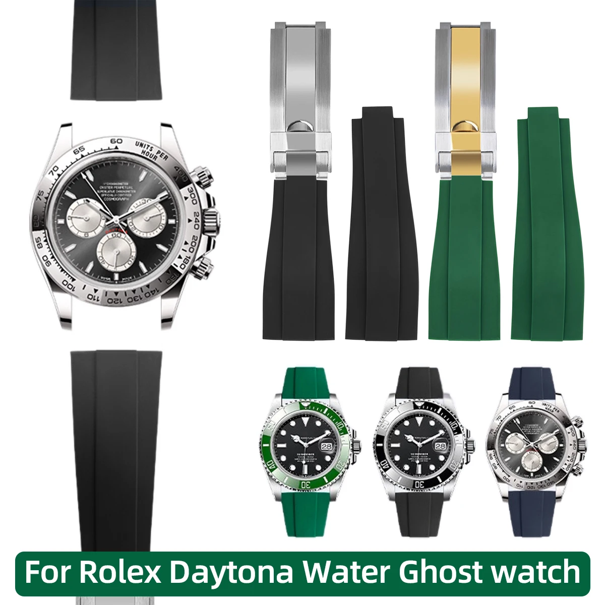 20mm FKM Fluororubber Watch Strap For Rolex Daytona Panda Submariner Yacht Master GMT Datejust Replacement Rubber Band Watchband