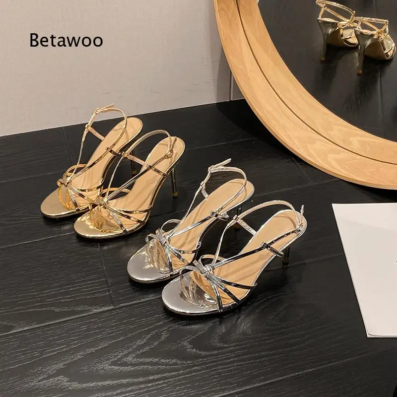 Women Gold Thin Strap Elegant High Heel Sandals Ankle Wrap Party Dress Shoes Summer Vacation Footwear