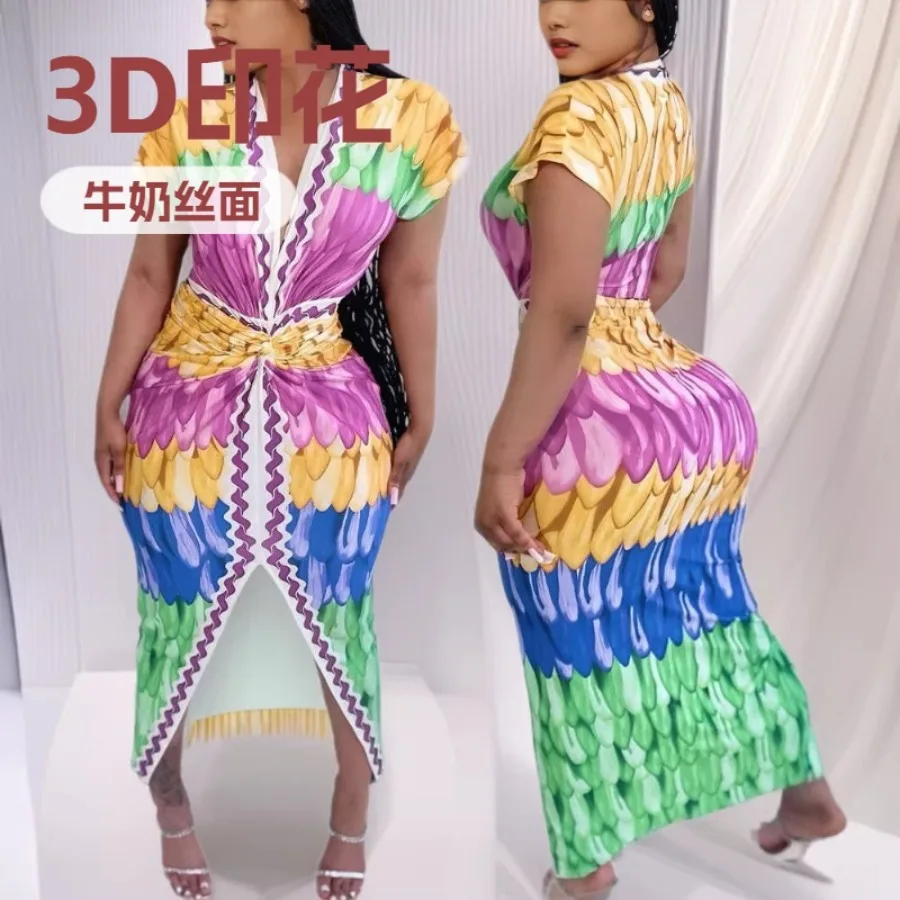 

Африканское женское платье 2026 года, новое летнее платье с V-образным вырезом, короткими рукавами, кружевными вставками и принтом, длинное платье с разрезом.