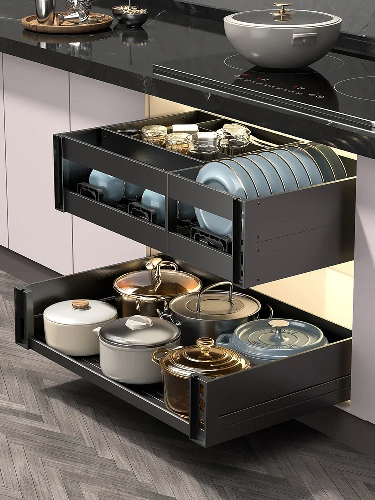 Kitchen Cabinet Pull Basket Drawer Double Triple Layer Open Door Space Aluminum Dishes and Dishes Drawn Out Storage Shelf