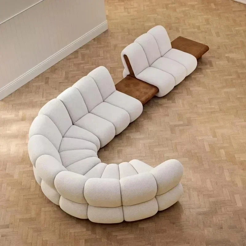 Minimalist Large Flat Living Room Small Waist Sofa Teddy Plush Milky White Cream Style Line Circular Arc Sofa