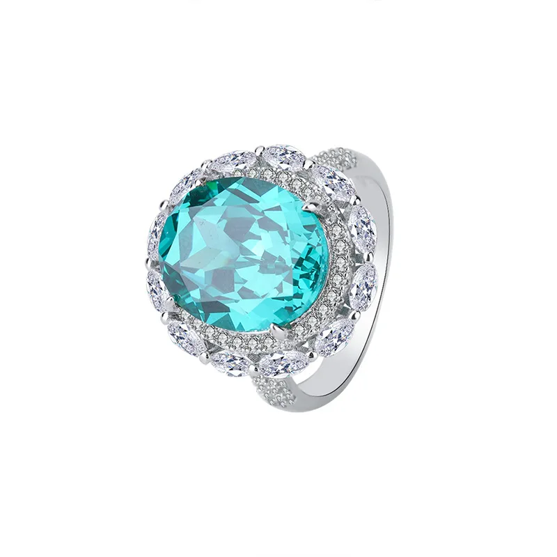 

S925 Full body Silver Imitation Colorful Treasure Tourmaline Paraiba Full Diamond Closed Ring Main Stone 12 * 14