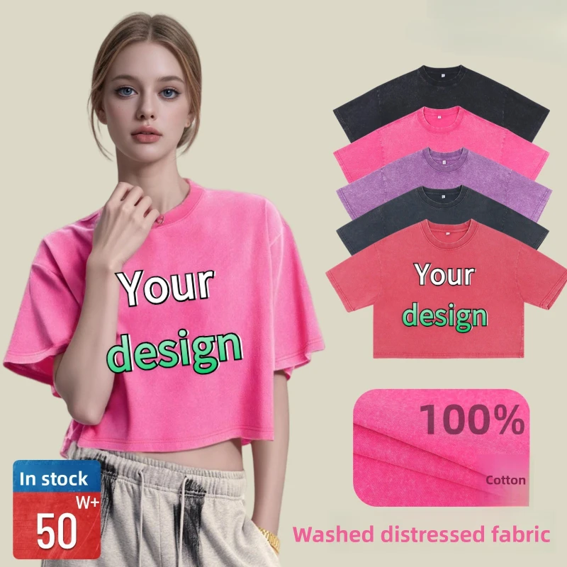 Summer Customized Printed Cotton Round Neck T-shirt DIY Your Like Photo or Logo Washed Loose Short Sleeved Women Top