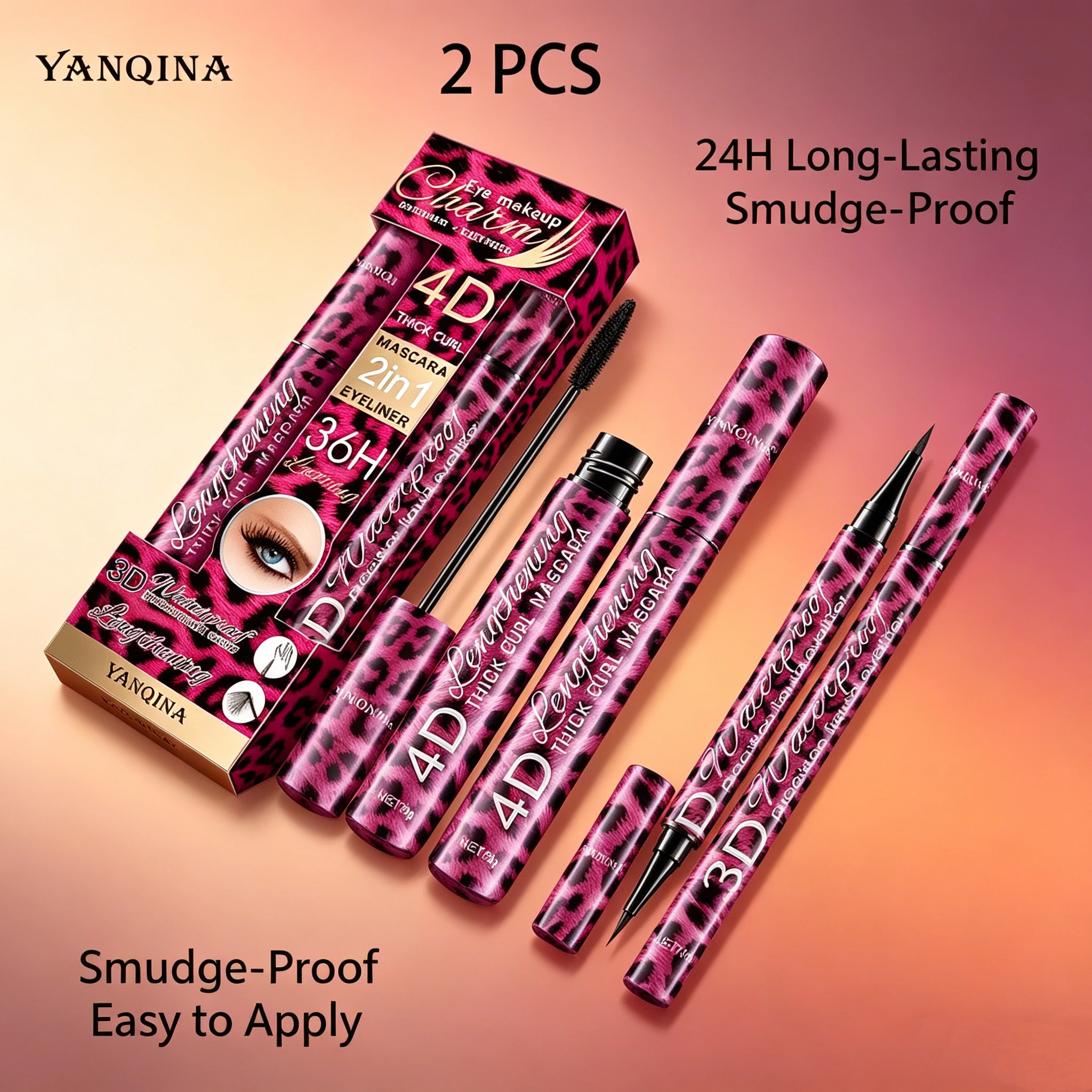 2Pcs 4D Mascara + Liquid Eyeliner Set, Waterproof Sweat-Proof Smudge-Proof, Lengthening Thickening Curling Long Lasting Eye Make