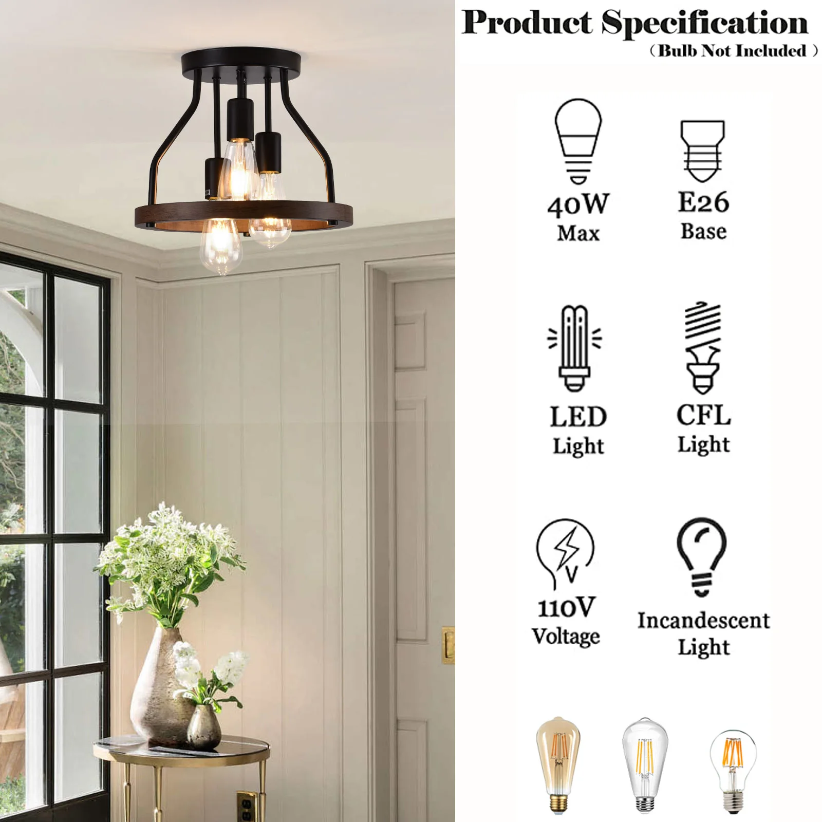 Retro Ceiling Light Pendant Standard E26 Lamp Holder Compatible With Various Edison, CFL or LED Bulbs Without Light Source