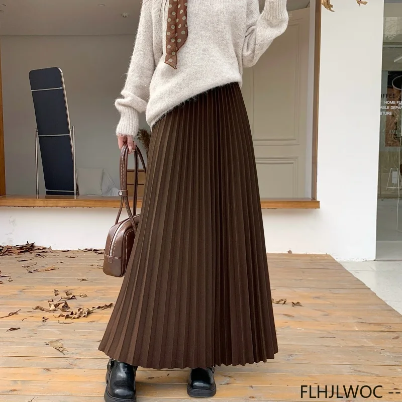 Wool Blend Pleated A‑Line Skirt Thick High Waist 2026 Autumn Winter Long Maxi Skirt for Women Casual Daily Wear