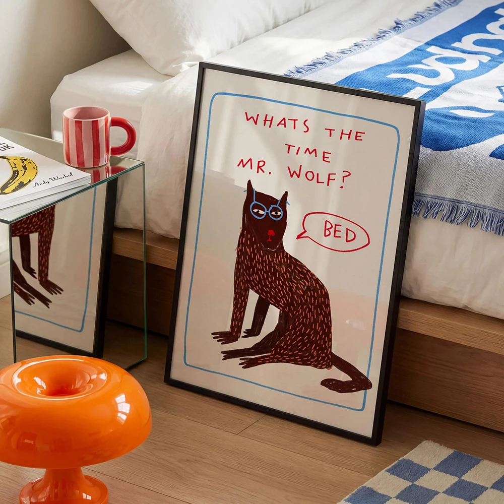 Cartoon Animal Whats the Time Mr Wolf Text Art Coffee Print Painting Wall Art Bedroom Decor Canvas Prints Coffee Gift Poster