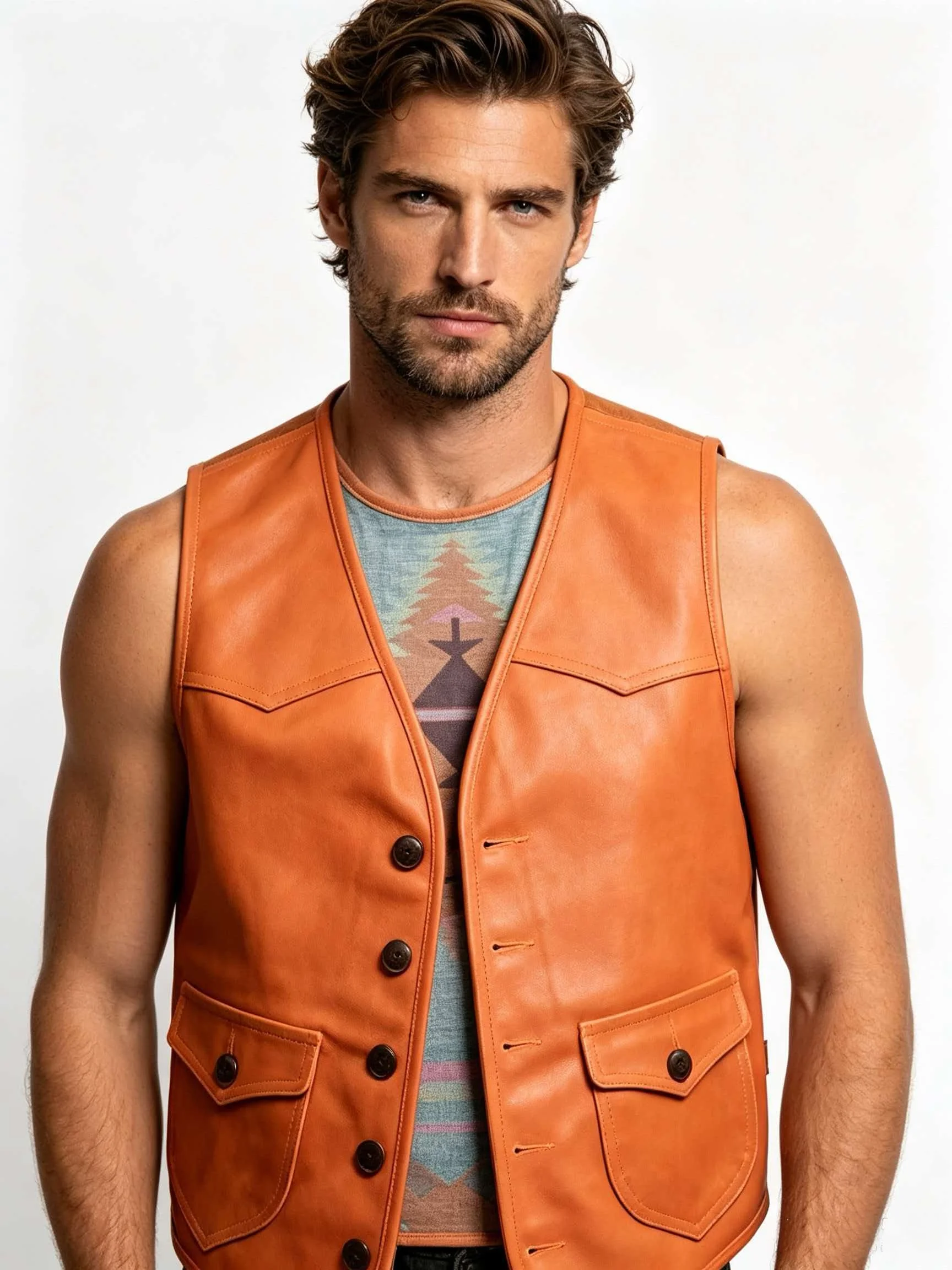Men's Genuine Cowhide Leather Vest Caramel Tan Western Cowboy Waistcoat Snap Button Aztec Lined Sleeveless Biker Vest