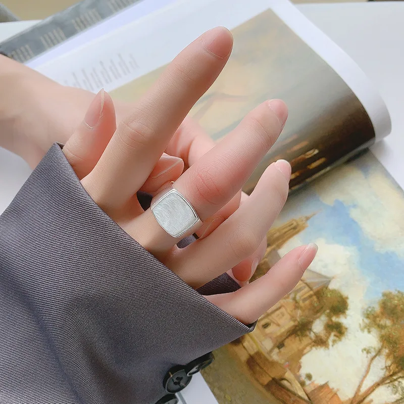 PANJBJ 925 Sterling Silver Frosting Rings For Women Wide Geometry Block Trend Retro Adjustable Jewelry Gift Dropshipping