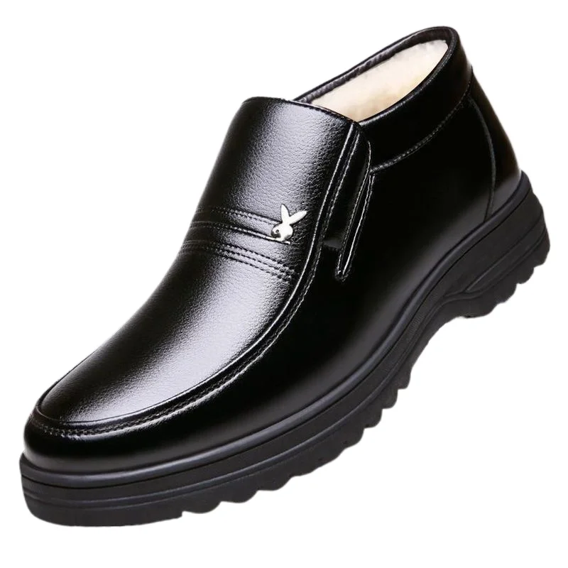 Men's Black Genuine Cow Leather Ultra Warm Fleece-Lined Slip-On Ankle Boots Cold-Resistant To -30°C Thick Sole Comfortable Shoes