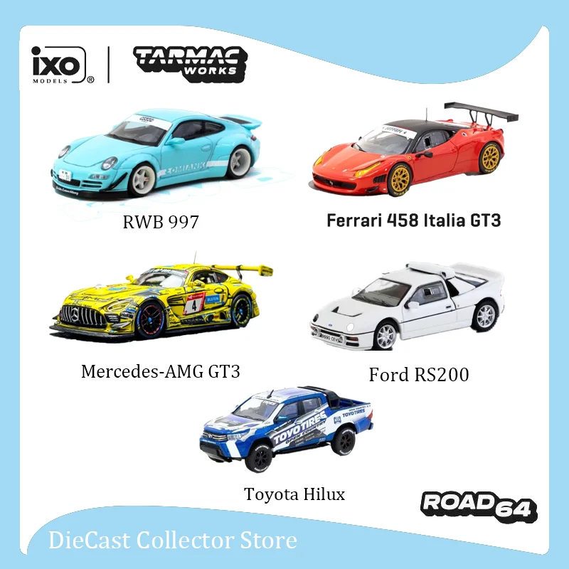 

TARMAC WORKS 1:64 Porsche RWB997 Ferrari 458 ItaIia GT3 Mercedes AMG GT3 Toyota Hilux Ford RS200 Alloy Car Model Gift