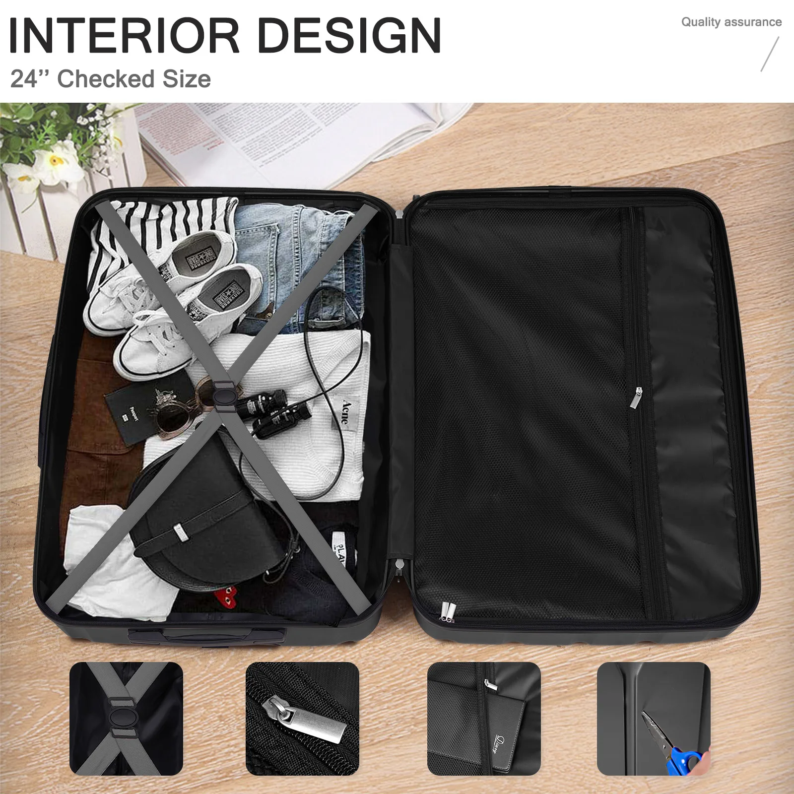 3-in-1 suitcase vertical stripes trolley case 20in 24in 28in ABS PC classic color 02-dark gray