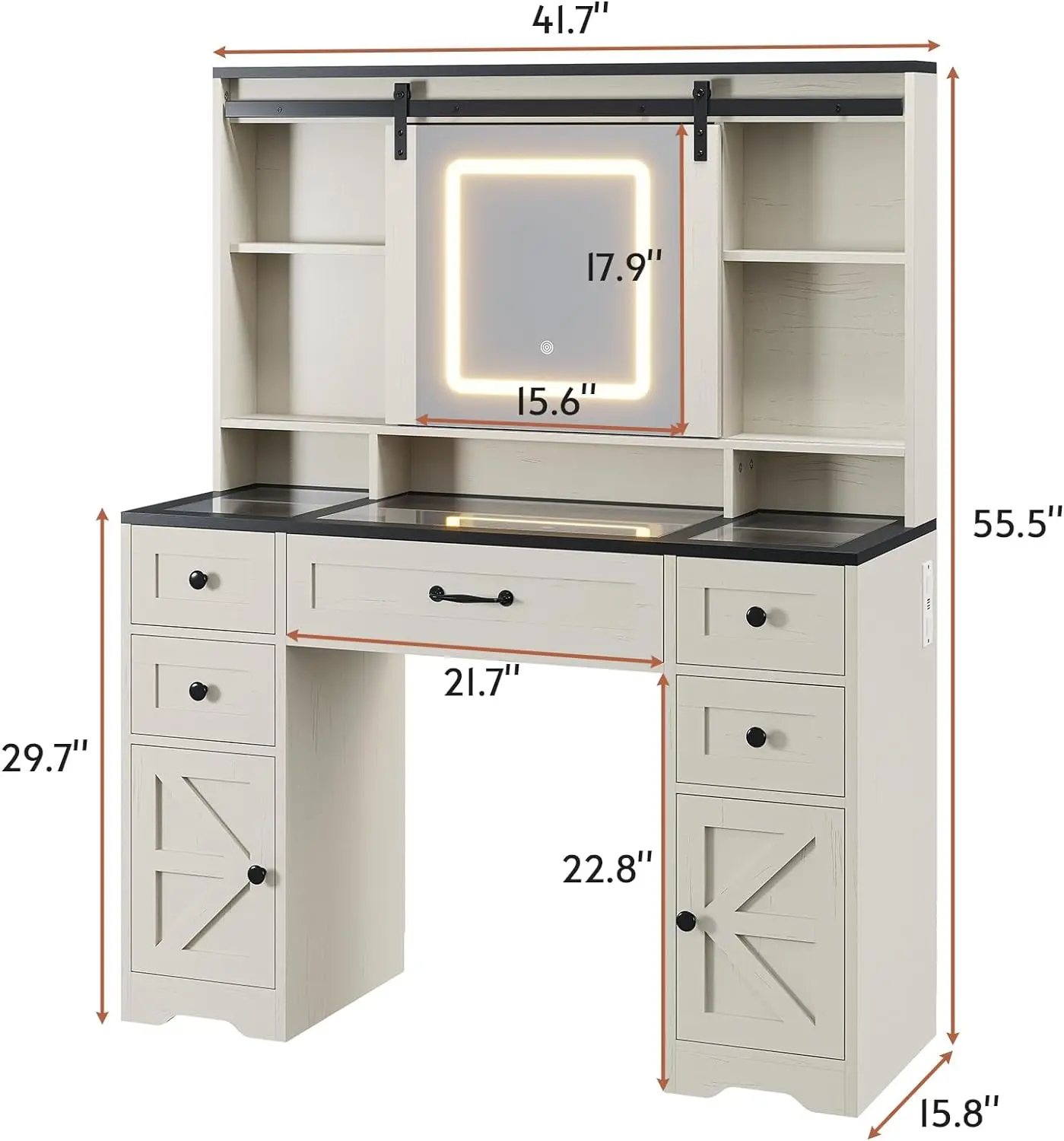 Boerderij Kaptafel Met Schuifspiegel & Verlichting, Make-Up Ijdelheid Met Glazen Bovenkant En Laadstation Met 5 Lades & Planken & Kasten