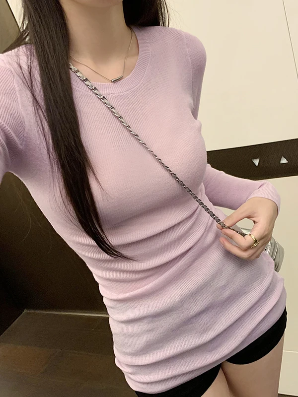 

Purple Mid-Length Slim Fit Knitted Sweater round Ne Long Sve Women's Early Spring New Sle Base irt Inner Wear