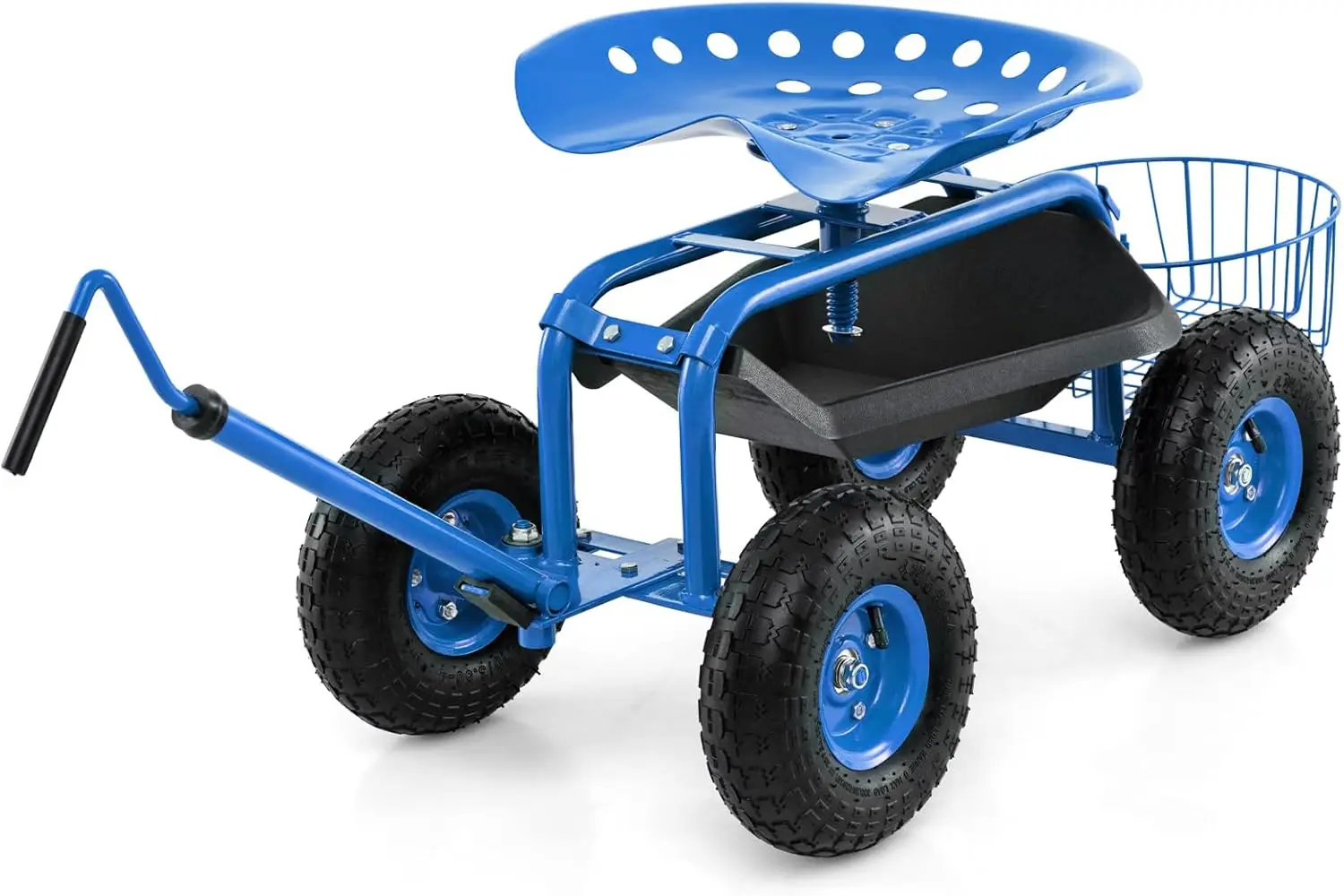 

Садовое сиденье на колесиках, уличный садовый самокат с поворотом на 360° ° Поворотный поднос для инструментов и корзина, регулируемая ручка рулевого управления для