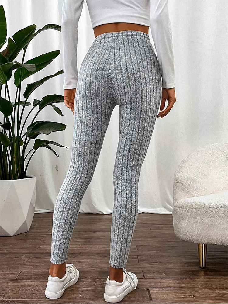 Autumn Warm Drawstring Striped Solid Color Women Leggings Elastic Slim Sports Stretchy Legging Woman High Waist Comfortable Pant