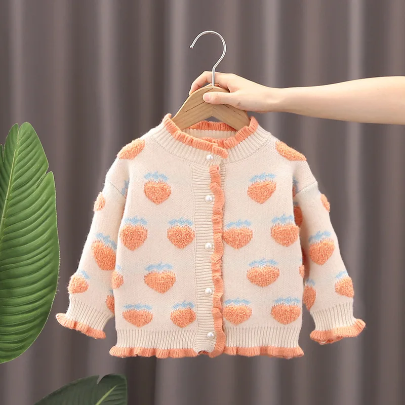 

Ins Autumn Winter Newborn Girl Cardigan Cotton Peach Printed Long Sleeve Baby Girl Knitwear Round Collar Belle Girl Sweater Coat