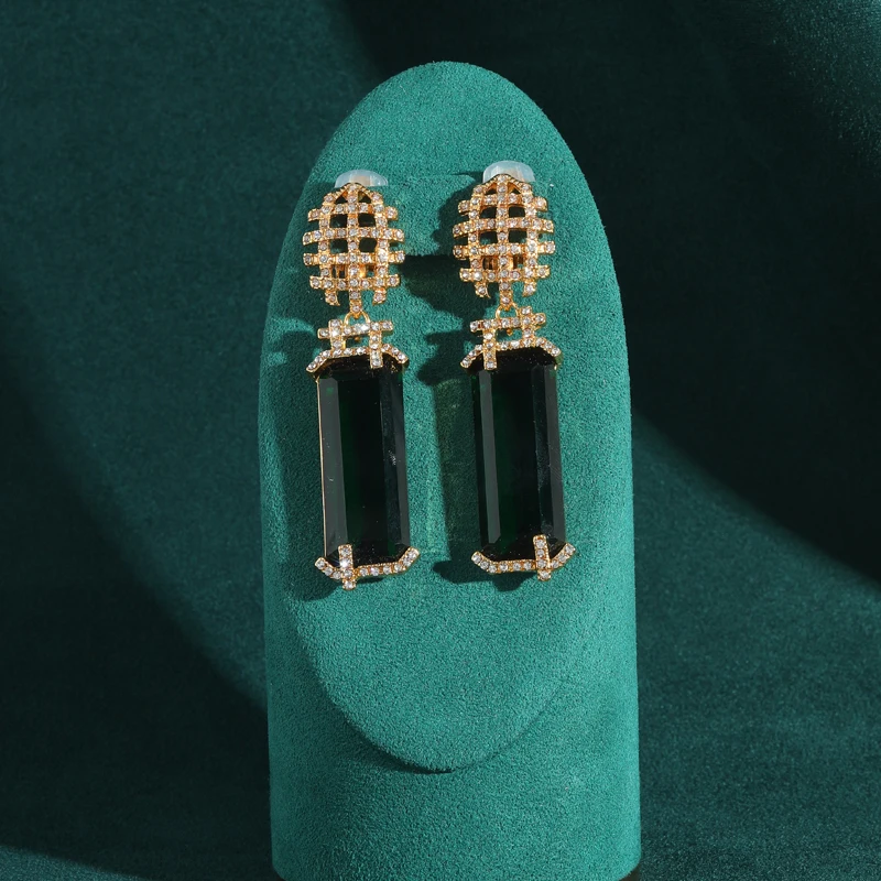 Vintage Emerald Green Drop Earrings Rectangular Zircon Glass Rhinestones For Woman Long Dangle Luxury Brands High Quality 2025