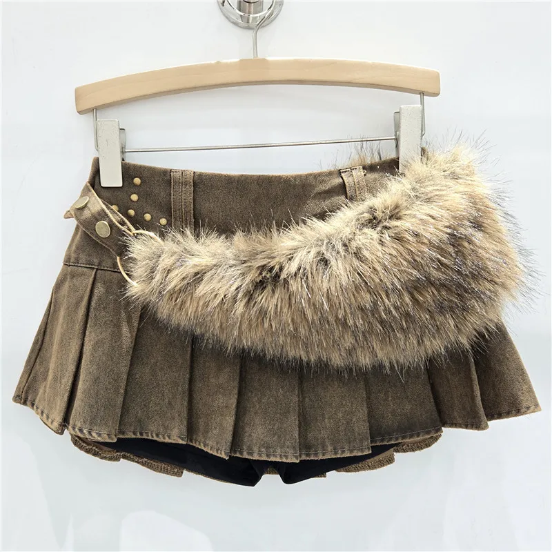 

Плиссированная юбка женская винтажная сексуальная короткая с низкой талией, с меховым поясом, выше колена, А-силуэт, женская, весна-лето 2026, уличный стиль