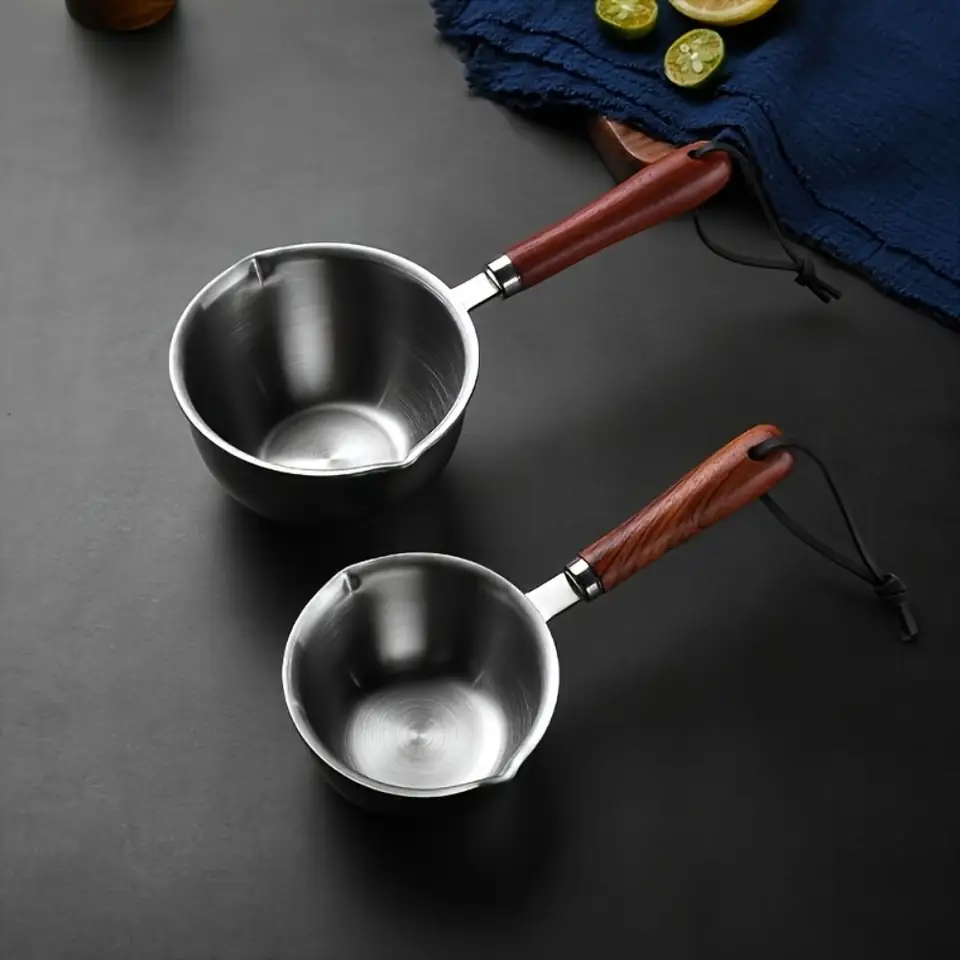 10oz Stainless Steel Pot with Wooden Handle - Dishwasher Safe for Cooking, Candle Wax Melting & DIY Crafts - 4