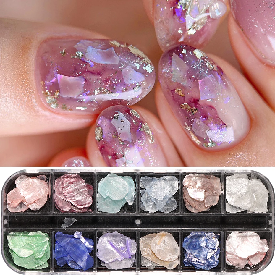 12 Gitter Seidenmatt-Muschelschalen-Flocken, schillernde dünne Muschelscheiben, Opal-Muschelfragmente, Nageldekoration, 3D-Glitzer-Pailletten für Maniküre – Detail 2