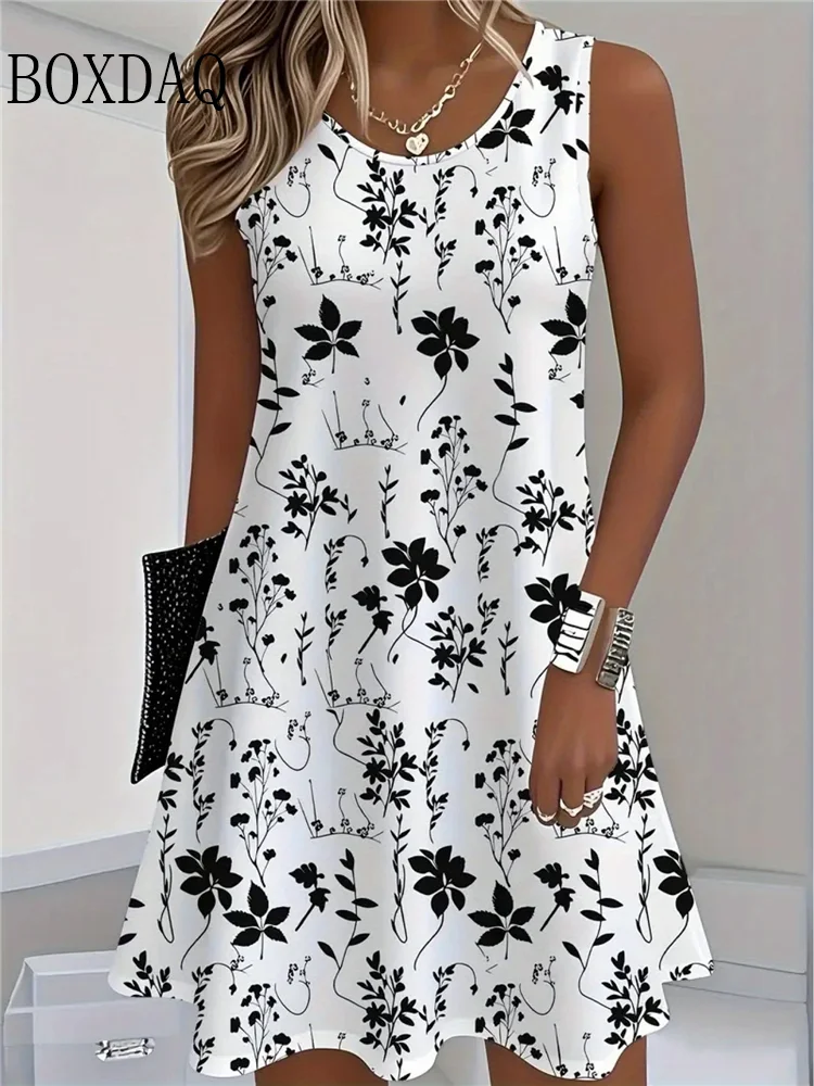 Damen Freizeitkleider mit Blumenmuster, ärmellos, Rundhalsausschnitt, Sommerkleid, Strandkleid, Y2K, lockere Damenkleidung