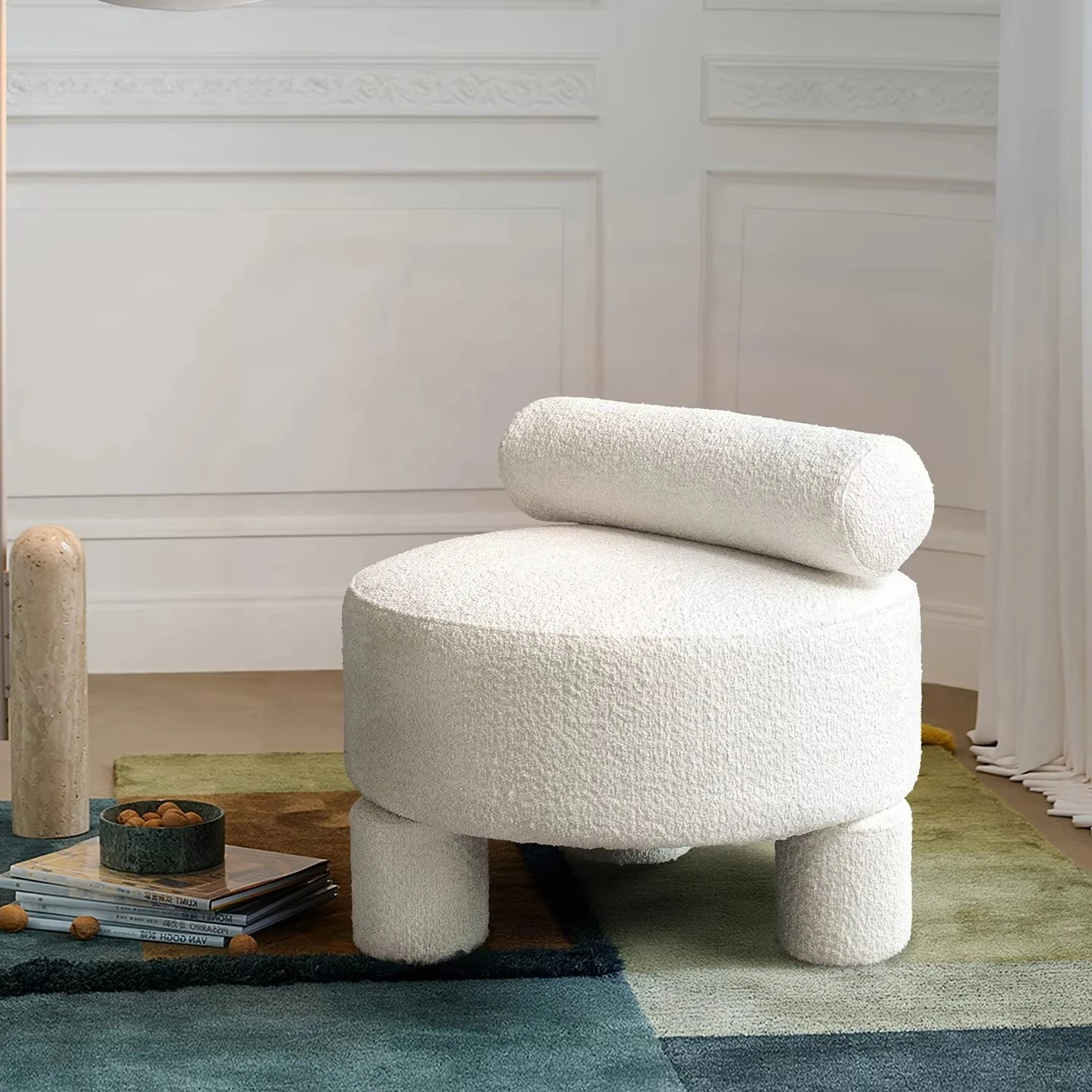 # French Retro Style Original Sherpa Fabric White Reclining Chair Modular Living Room Bedroom Balcony Single-person Chai